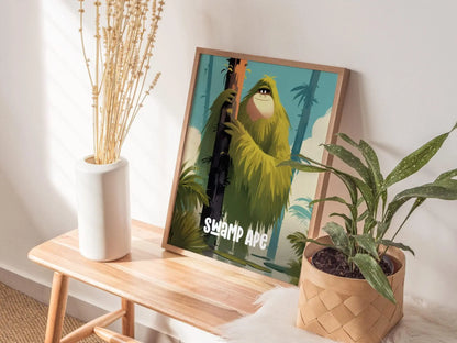 Swamp Ape Cute Cryptids Wall Art Series | Florida Bigfoot Kids Room Framed Poster | Children's Illustration Toddler Boys Bedroom Nursery Print