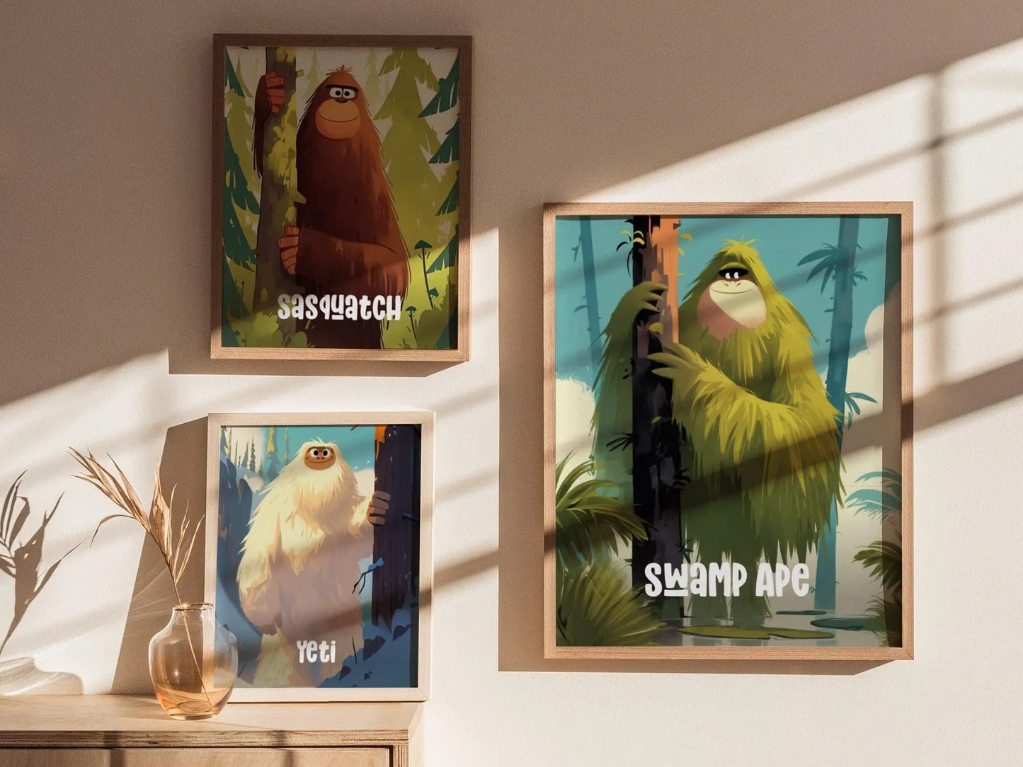 Swamp Ape Cute Cryptids Wall Art Series | Florida Bigfoot Kids Room Framed Poster | Children's Illustration Toddler Boys Bedroom Nursery Print