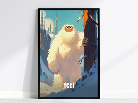 A whimsical poster features a friendly, fluffy Yeti standing next to a tree in a snowy landscape, with Yeti written at the bottom. The scene is bright and colorful.