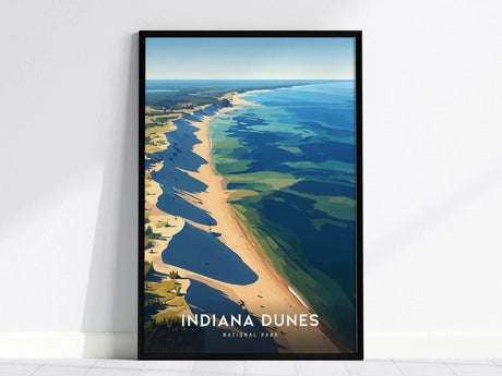 A framed poster of Indiana Dunes National Park features a stylized aerial view of sandy beaches and blue waters. The artwork highlights the natural beauty of Lake Michigans shoreline.