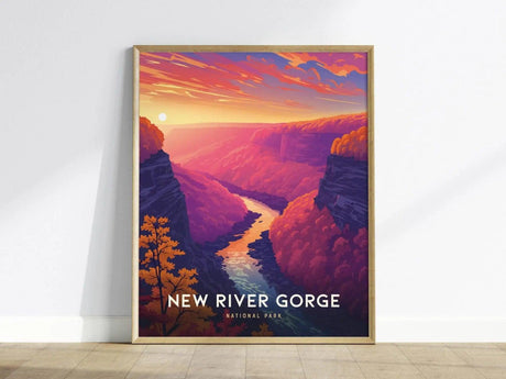 Framed poster of New River Gorge features a vibrant sunset over a winding river, surrounded by colorful canyon walls and autumn foliage. Bold text reads New River Gorge National Park.