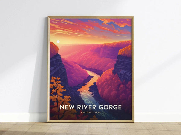 Framed poster of New River Gorge features a vibrant sunset over a winding river, surrounded by colorful canyon walls and autumn foliage. Bold text reads New River Gorge National Park.