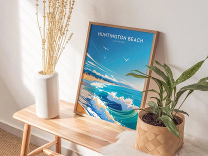 Huntington Beach, California Poster - Vibrant Surf City Scene, Perfect for Home Decor, Available Framed or Unframed, Coastal Home Decor