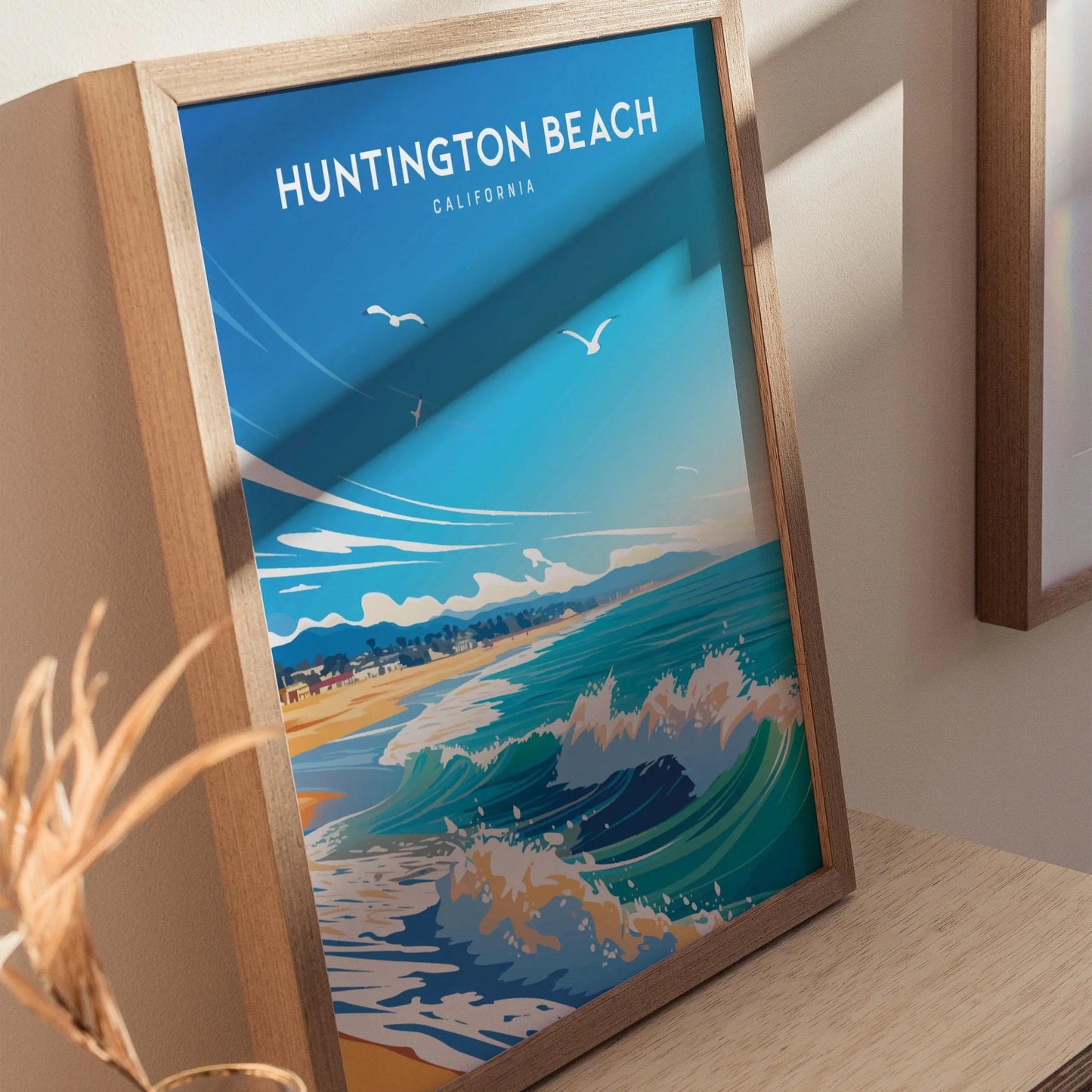 Huntington Beach, California Poster - Vibrant Surf City Scene, Perfect for Home Decor, Available Framed or Unframed, Coastal Home Decor