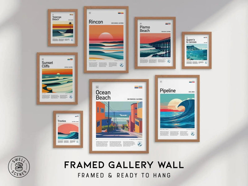 Surf Spots Gallery Wall FRAMED or UNFRAMED Pick 8 Iconic Wave Travel Poster Set Surfer Gift Surfing Art Beach Series | Swell Scenes | S8-1 - Swell Scenes