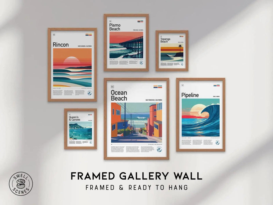 Surf Spot Art Gallery Wall FRAMED or UNFRAMED Pick 6 Iconic Wave Travel Poster Set Surfer Gift Surfing Beach Series | Swell Scenes | S6-1 - Swell Scenes