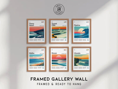Surf Spots Gallery Wall | 6 Symmetrical Posters Framed Grid Surfer Gift