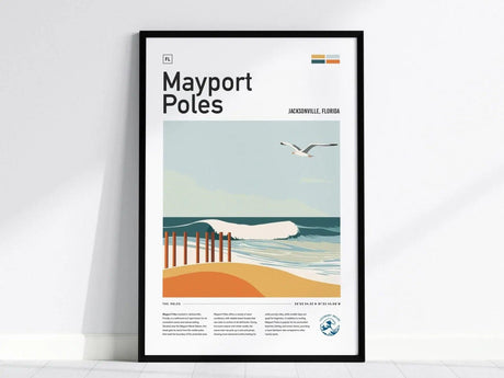 Framed poster of Mayport Poles, Jacksonville, Florida, featuring an illustrated beach scene with waves, a seagull, and wooden poles. The design is clean and travel-poster styled.
