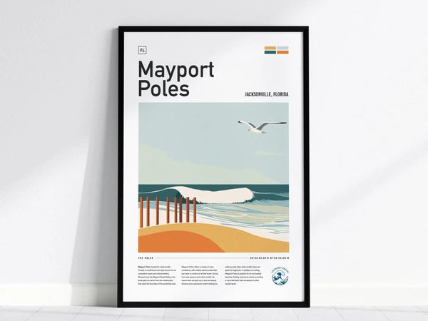 Framed poster of Mayport Poles, Jacksonville, Florida, featuring an illustrated beach scene with waves, a seagull, and wooden poles. The design is clean and travel-poster styled.