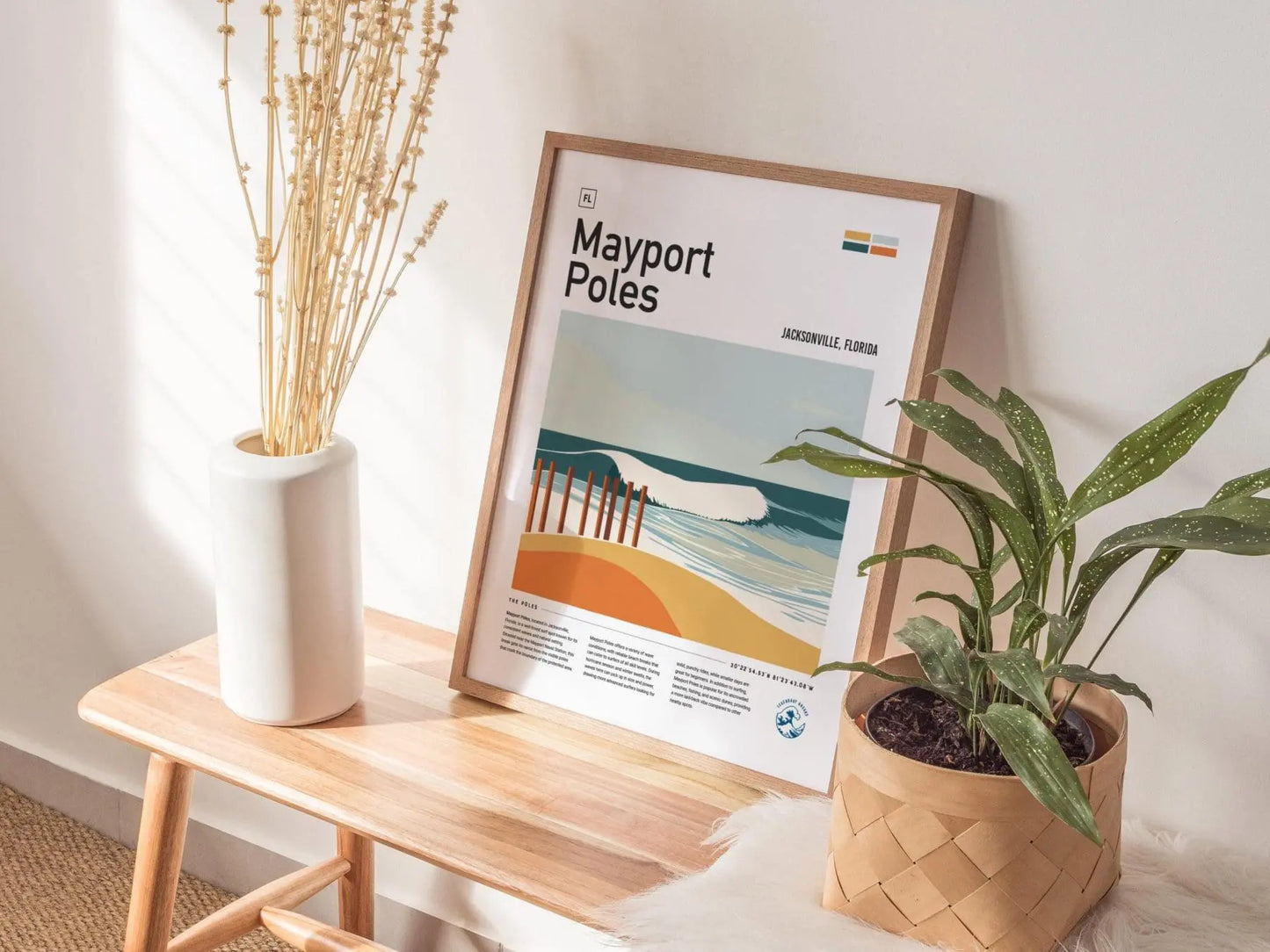 Mayport Poles Jacksonville Surf Spot Framed Poster | Jax Beach Florida Wave Wall Art | FL Travel Print Surfer Decor | Minimalist Design Surfing Gift