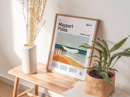 Mayport Poles Jacksonville Surf Spot Framed Poster | Jax Beach Florida Wave Wall Art | FL Travel Print Surfer Decor | Minimalist Design Surfing Gift