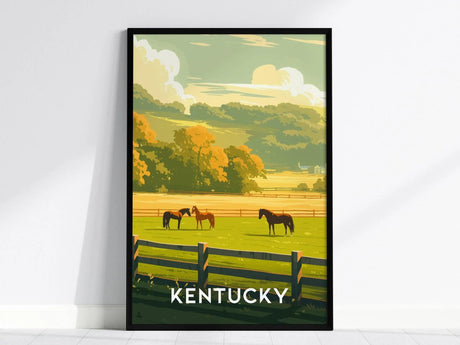 A framed poster featuring a scenic Kentucky landscape with three horses grazing in a green pasture, surrounded by trees and rolling hills under a partly cloudy sky.