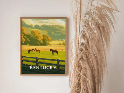 Kentucky State Poster Pasture Bourbon Distillery Wall Art - KY Derby Horses Travel Poster Print Southeast Nature Cottagecore Country Gift