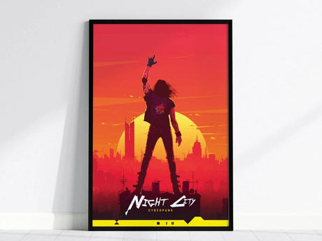 A poster features a silhouetted figure with raised arm against a vibrant orange and red cityscape, with a large setting sun. Text at the bottom reads Night City Cyberpunk.