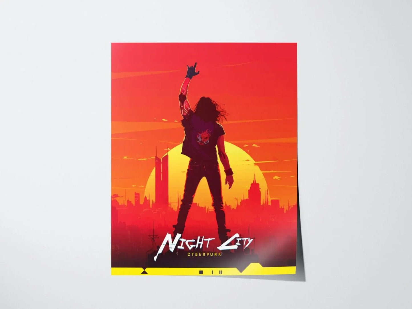 Night City, Cyberpunk Poster – Johnny Silverhand Stands in front of Night City, Futuristic Cityscape Art, Perfect Gift for Cyberpunk Gamers