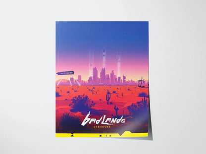 Badlands, Cyberpunk Poster – Vast Desert Landscape with Night City in the Distance, Perfect Decor for Cyberpunk Gamers, Gamer Decor Gift