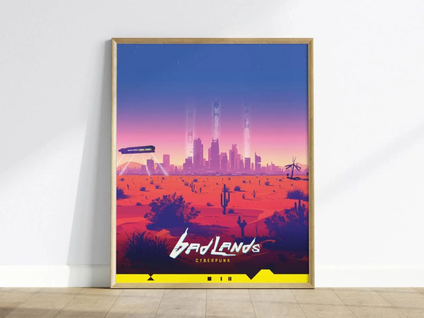 Badlands, Cyberpunk Poster – Vast Desert Landscape with Night City in the Distance, Perfect Decor for Cyberpunk Gamers, Gamer Decor Gift