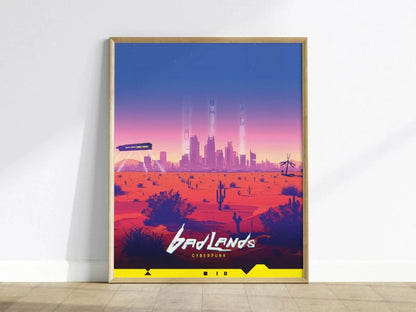 Badlands, Cyberpunk Poster – Vast Desert Landscape with Night City in the Distance, Perfect Decor for Cyberpunk Gamers, Gamer Decor Gift