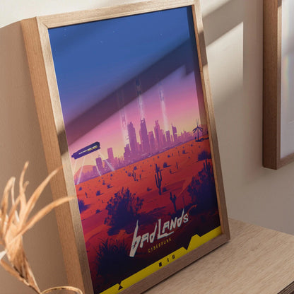 Badlands, Cyberpunk Poster – Vast Desert Landscape with Night City in the Distance, Perfect Decor for Cyberpunk Gamers, Gamer Decor Gift