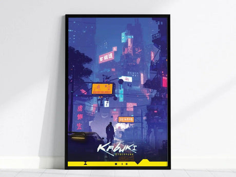 A framed poster depicts a cyberpunk city scene with neon signs, a silhouette of a person, and futuristic buildings under a dark sky. The bottom reads KABUKI CYBERPUNK.