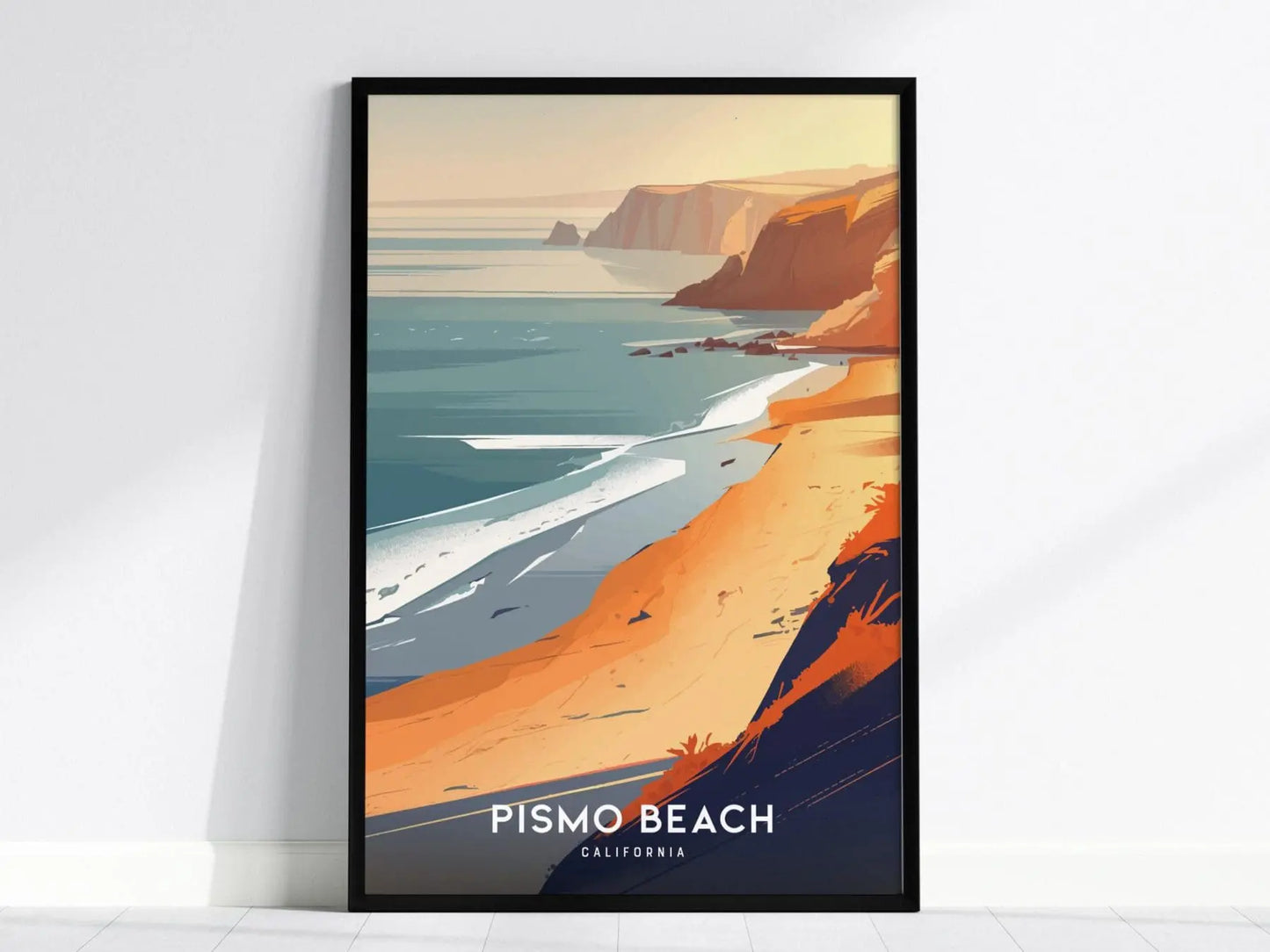 Pismo Beach California Framed Wall Art Poster | Central Coast CA Coastal Decor Print | Sea Cliffs Surf Spot Vacation Artwork