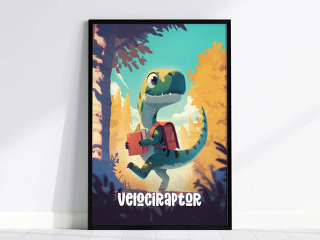 A framed poster featuring a cartoon Velociraptor carrying a book and backpack, set against a colorful forest background. The word Velociraptor is displayed at the bottom.