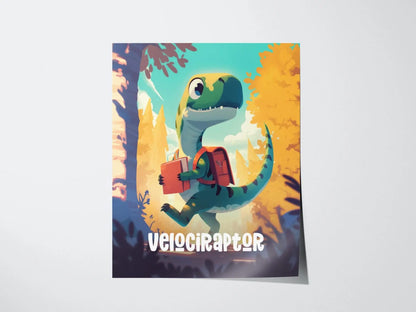 Velociraptor Dinosaur Kids Bedroom Framed Wall Art | Friendly Dino Theme Nursery Print | Jurassic Raptor Boys Room Poster | Prehistoric Toddler Home Decor Illustration