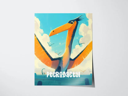 Pterodactyl Dinosaur Kids Bedroom Framed Wall Art | Friendly Dino Theme Nursery Print | Jurassic Boys Room Poster | Prehistoric Toddler Home Decor Illustration