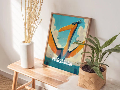 Pterodactyl Dinosaur Kids Bedroom Framed Wall Art | Friendly Dino Theme Nursery Print | Jurassic Boys Room Poster | Prehistoric Toddler Home Decor Illustration