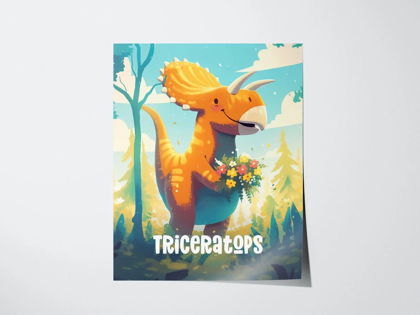 Triceratops Dinosaur Kids Bedroom Framed Wall Art | Friendly Dino Theme Nursery Print | Jurassic Cartoon Boys Room Poster | Prehistoric Toddler Home Decor Illustration