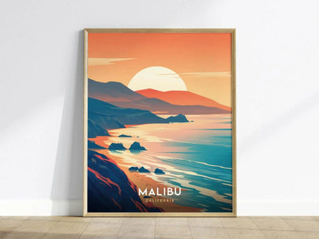 Abstract poster of a sunset over Malibus coastline, featuring rugged cliffs and sea stacks in vibrant orange and blue hues. Text reads Malibu California at the bottom.