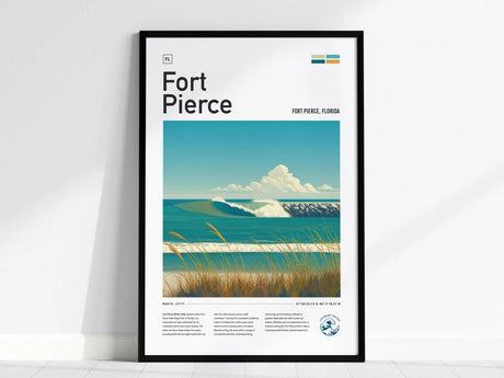 Framed poster of Fort Pierce, Florida, featuring an illustration of the North Jetty with ocean waves, grassy dunes, and a clear blue sky.