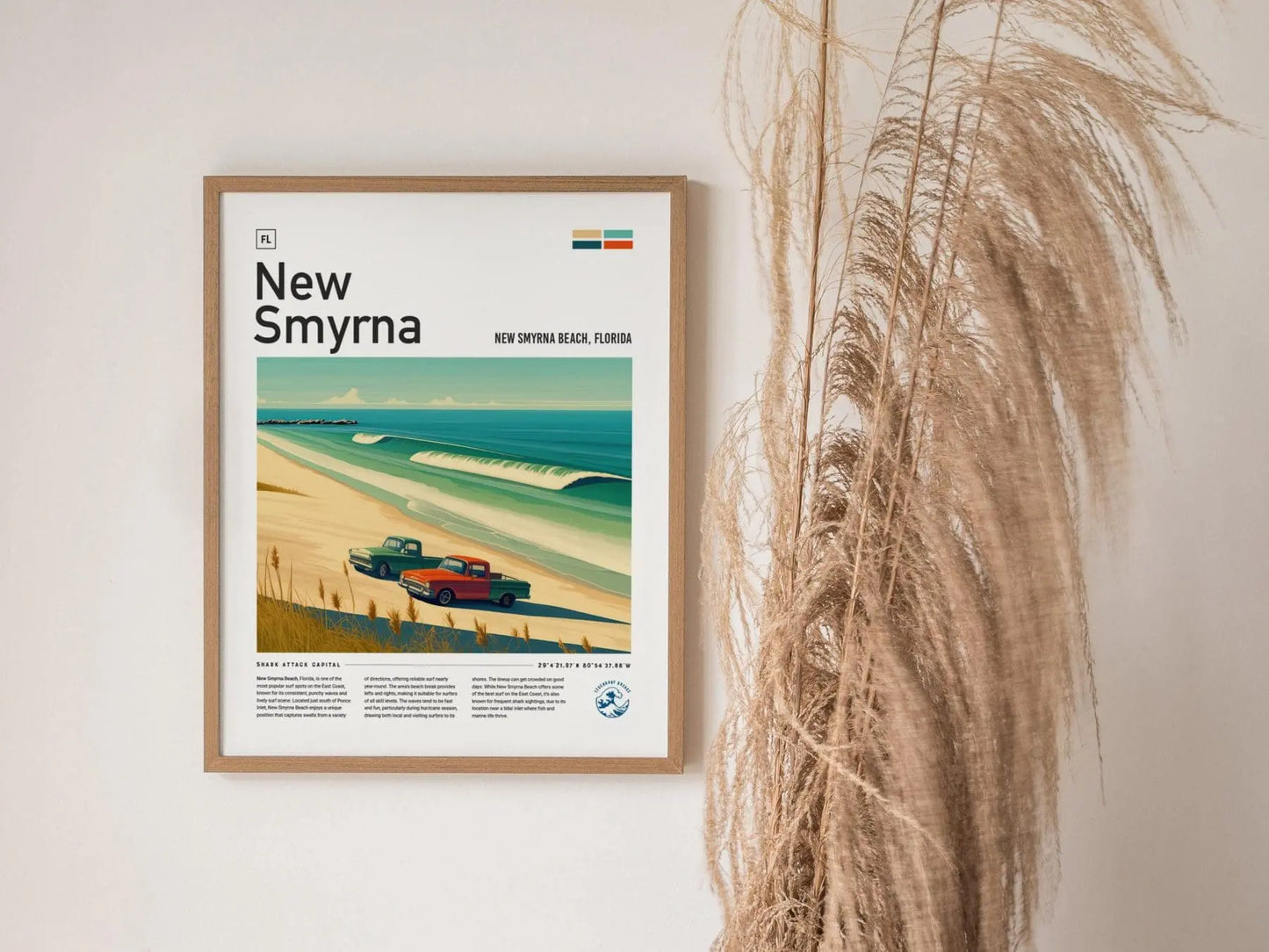 New Smyrna Beach Surf Spot Framed Poster | Shark Attack Capital Florida Wave Wall Art | FL Surfer Travel Print Design | NSB Man Cave Surfing Decor Gift