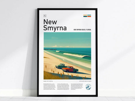 Framed poster depicting New Smyrna Beach, Florida, featuring vintage cars on a sandy shoreline with rolling waves under a clear sky. The text includes New Smyrna and geographic coordinates.