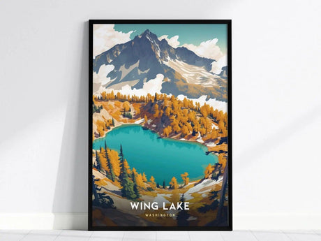 A framed poster depicting a vibrant illustration of Wing Lake, Washington, featuring turquoise waters surrounded by autumnal trees and rugged mountains under a partly cloudy sky.