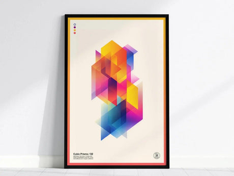 Framed modern abstract poster featuring overlapping geometric prisms in vibrant shades of yellow, magenta, orange, and blue, creating a mesmerizing illusion against a light background.