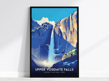 A framed poster of Upper Yosemite Falls showcases a stylized illustration of the waterfall cascading down rugged cliffs, set against a blue sky.