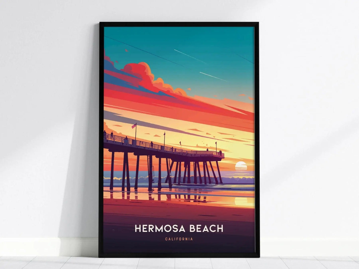 Hermosa Beach Pier, California Sunset Poster - Vibrant Beach Art, Available Framed or Unframed, Ideal Coastal Home Decor, Office Wall Art