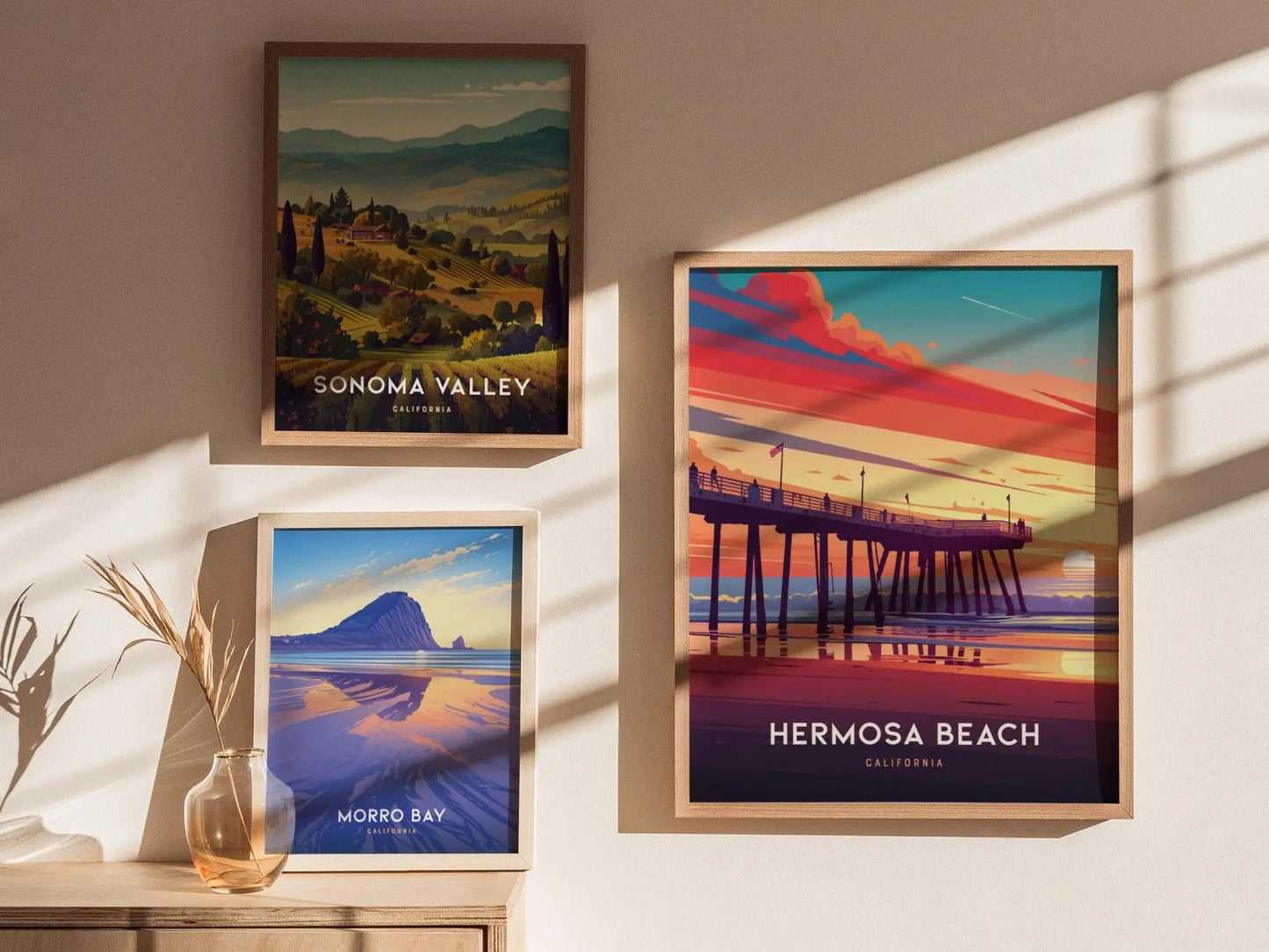 Hermosa Beach Pier, California Sunset Poster - Vibrant Beach Art, Available Framed or Unframed, Ideal Coastal Home Decor, Office Wall Art