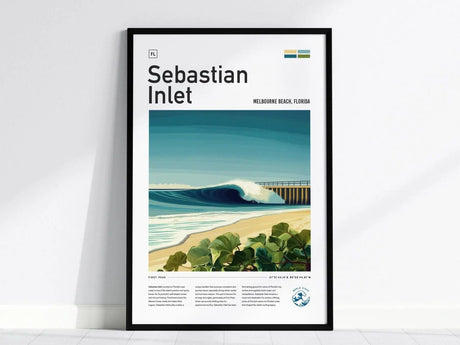 Framed Sebastian Inlet poster showcasing a surf scene with a large wave, sandy beach, and a bridge in the background, highlighting Floridas iconic surf spot.
