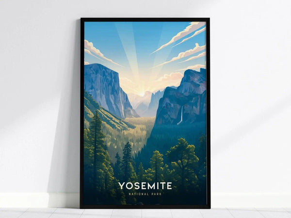 Black framed Yosemite National Park landscape poster centered on a white wall with minimalist decor