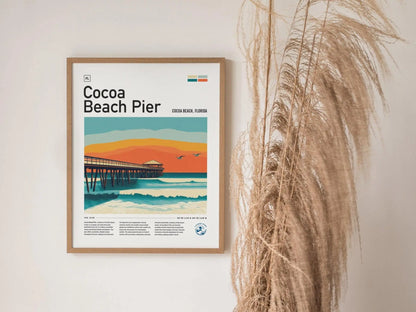 Cocoa Beach Pier Florida Surf Spot Framed Poster | Ron Jon Wave FL Travel Print | Kelly Slater Surfing Beach House Decor | Minimalist Design Surfer Gift