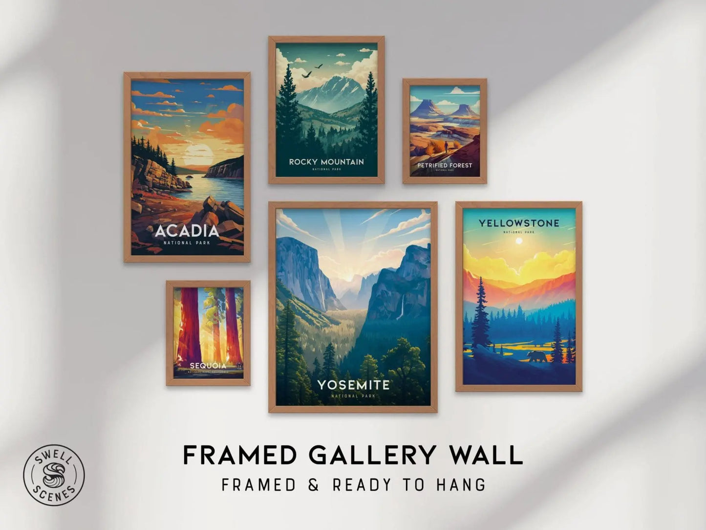 National Parks Gallery Wall FRAMED or UNFRAMED Pick 6 Iconic Nature Lover Poster Set Hiker Gift Outdoors Art Series | Swell Scenes | S6-4