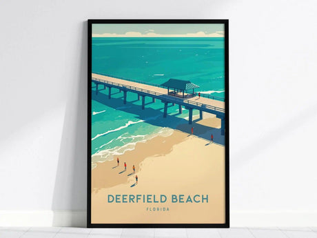 Framed poster of Deerfield Beach Pier in Florida, showcasing a stylized illustration of turquoise waters, sandy shores, and the pier under a blue sky.