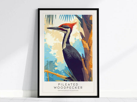 A framed poster featuring a stylized illustration of a Pileated Woodpecker with a vivid red crest against a colorful, abstract background. The text Pileated Woodpecker is displayed below.