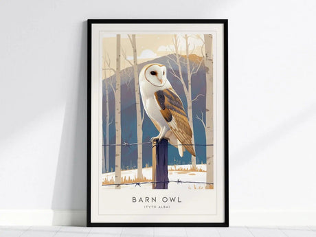 Framed illustration of a barn owl perched on a post, set against a backdrop of bare trees and mountains. The print is titled Barn Owl (Tyto Alba).