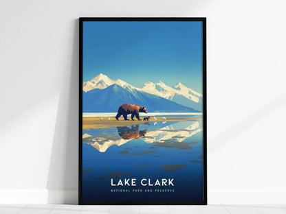 Lake Clark National Park and Preserve, Alaska Poster - Majestic Mountain and Bear View, Available Framed/Unframed, Great National Park Gift