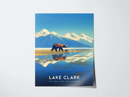 Lake Clark National Park and Preserve, Alaska Poster - Majestic Mountain and Bear View, Available Framed/Unframed, Great National Park Gift