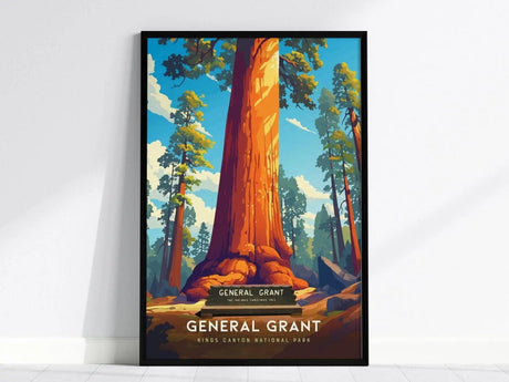 Illustrated poster of the General Grant Tree, featuring a majestic sequoia in a vibrant forest setting under a blue sky, titled General Grant Kings Canyon National Park.