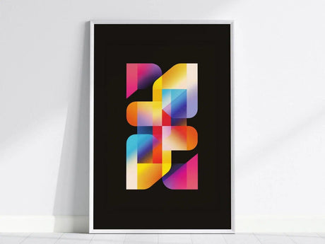 Framed poster featuring colorful geometric shapes on a black background, showcasing vibrant gradients of pink, blue, yellow, and orange. The design is modern and visually striking.